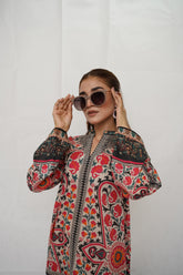 Oriental Charm – 2-Piece Beige & Bold Printed Suit - Brands Kahani
